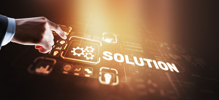 Solution. Businessman pressing on touch screen interface inscription Solutions. Business concept. Internet conceptの写真素材
