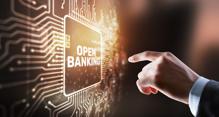 Businessman is touching hologram open banking. Technology Finance conceptの写真素材