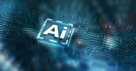 Artificial intelligence chip. Ai chipset on circuit board. Data center backgroundの写真素材
