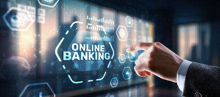 Banking Online Internet Payment Technology. Businessman presses a button Bankingの写真素材