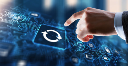 Businessman touching icon Update software application. Hardware upgrade technology conceptの写真素材