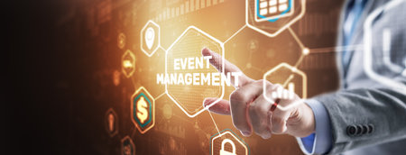 Businessman pressing on virtual screen and selecting Event Managementの写真素材