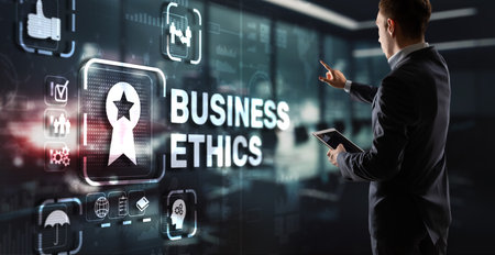 Business ethics Behavior and manners concept. Businessman pressing button on virtual screenの写真素材