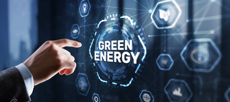 Businessman clicks Green eco energy icons. Reducing environmental risksの写真素材