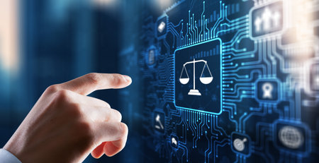 Justice and law concept. Icon Law on virtual screen. Blurred backgroundの写真素材