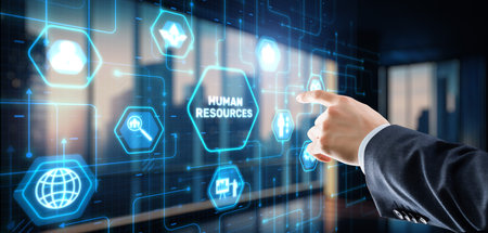 Human Resources HR management Recruitment Concept. Businessman clicks iconの写真素材
