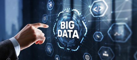 Businessman clicks Big data world and globe icon modern interfaceの写真素材
