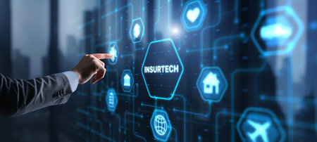 Businessman clicks icon Insurance, health family car money travel Insurtech conceptの写真素材