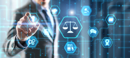 Justice and law concept. Icon Law on virtual screen. Blurred background