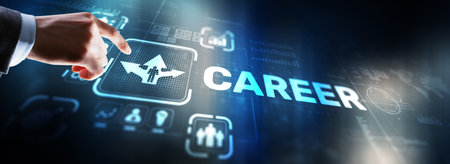 Career Inscription and people icons on virtual screen. Businessman pressing Careerの写真素材