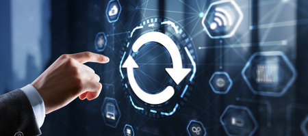 Businessman touching icon Update software application. Hardware upgrade technology conceptの写真素材