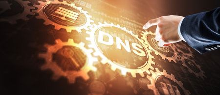 DNS. Domain name System on virtual screen. Network Web Communication 2024. Mixed mediaの写真素材