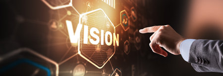 Vision. Business people and modern city on background. Virtual screenの写真素材