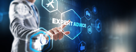 Businessman touching finger on the virtual screen and selecting Expert adviceの写真素材