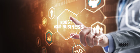Boost Your Business 2024. Businessman touching finger virtual screenの写真素材
