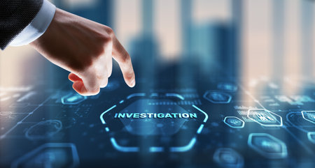 Investigation Business concept. Man presses investigations button on a virtual screenの写真素材