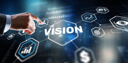 Vision. Business people and modern city on background. Virtual screenの写真素材