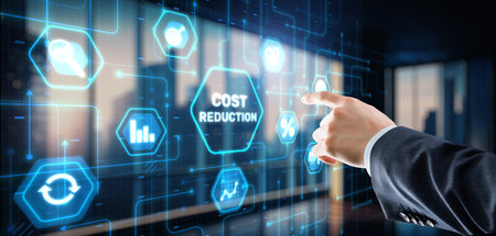 Cost reduction business finance concept. Businessman clicks virtual screenの写真素材