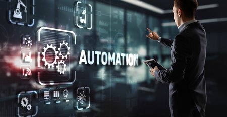 Man clicks on 3d virtual screen Automation. Optimization of business and production processesの写真素材