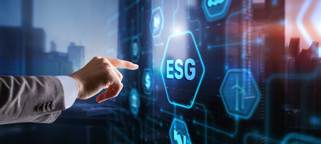 Businessman clicks ESG Environmental Social Governance sustainable development and investmentの写真素材