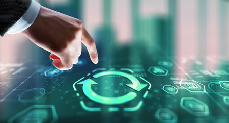 Businessman touching icon Update software application. Hardware upgrade technology conceptの写真素材