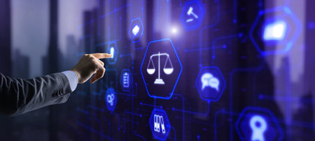 Justice and law concept. Icon Law on virtual screen. Blurred backgroundの写真素材