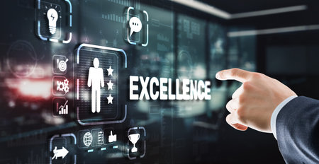 Excellence Concept. Quality Service. Businessman pressing Excellence virtual screenの写真素材