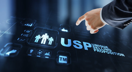USP. Inscription Unique selling proposition on Virtual Screen. Marketing and technology conceptの写真素材