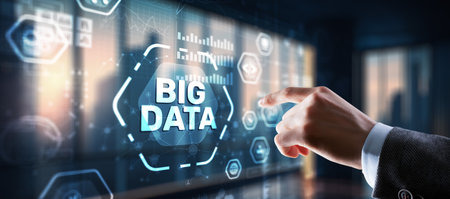 Businessman clicks Big data world and globe icon modern interfaceの写真素材