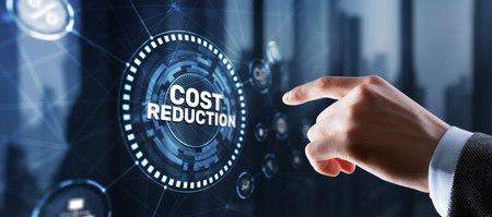 Cost reduction business finance concept. Businessman clicks virtual screenの写真素材