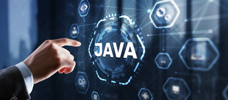 Businessman clicks Java programming language application concept on virtual screenの写真素材