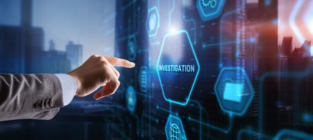 Investigation Business concept. Man presses investigations button on a virtual screenの写真素材