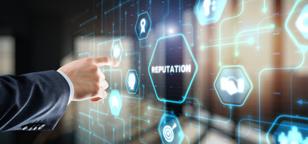 Businessman presses a button Reputation. Management Branding Conceptの写真素材