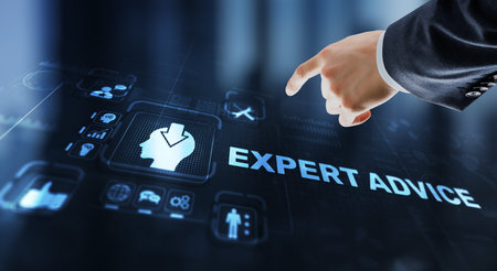 Expert advice. Businessman hand touching inscription on virtual screenの写真素材
