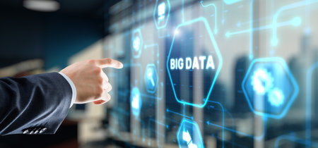 Businessman clicks Big data world and globe icon modern interfaceの写真素材