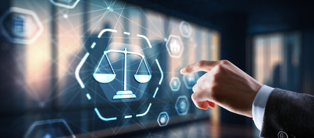 Justice and law concept. Icon Law on virtual screen. Blurred backgroundの写真素材