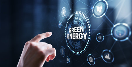 Businessman clicks Green eco energy icons. Reducing environmental risksの写真素材