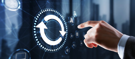 Businessman touching icon Update software application. Hardware upgrade technology conceptの写真素材