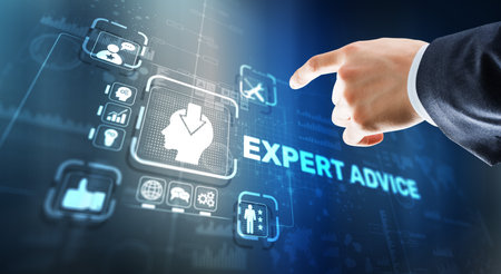 Expert advice. Businessman hand touching inscription on virtual screenの写真素材
