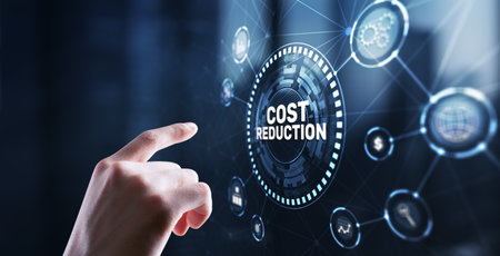 Cost reduction business finance concept. Businessman clicks virtual screenの写真素材