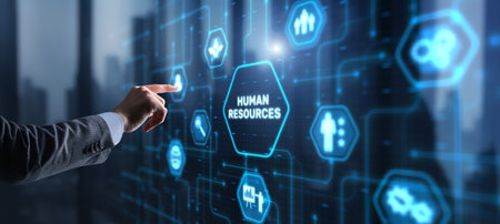 Human Resources HR management Recruitment Concept. Businessman clicks iconの写真素材