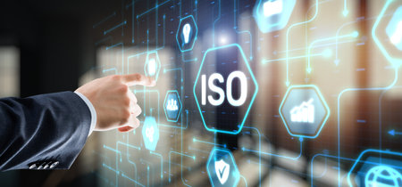 ISO Standard certification standardisation quality control concept on virtual screenの写真素材