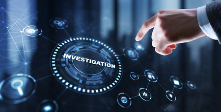 Investigation Business concept. Man presses investigations button on a virtual screenの写真素材