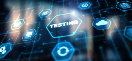 Technology icons and TESTING inscription, web technology conceptの写真素材