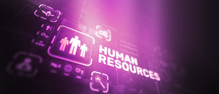 HR human resources technology. Online and modern technologies virtual screen mixed media double exposureの写真素材