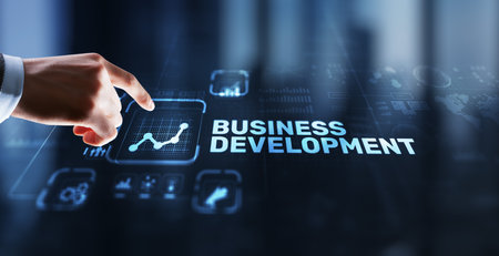 Business Development Planning. Inscription on 3D the virtual screenの写真素材