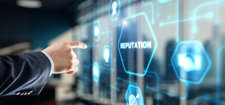 Businessman presses a button Reputation. Management Branding Conceptの写真素材