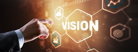 Vision. Business people and modern city on background. Virtual screenの写真素材