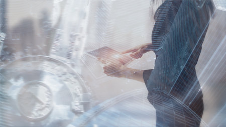 Abstract business background, modern cities and people silhouettes.の写真素材