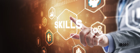 Skill Ability Business Internet technology Concept. Businessman in a jacket clicks on the inscription Skillsの写真素材